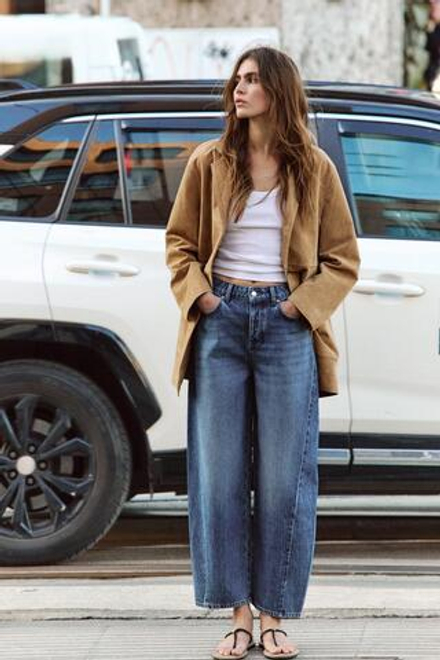 ZARA ДЖИНСЫ Z1975 BARREL С ВЫСОКОЙ ПОСАДКОЙ И ОТСТРОЧКОЙ, ВЫЦВЕТШИЙ СИНИЙ