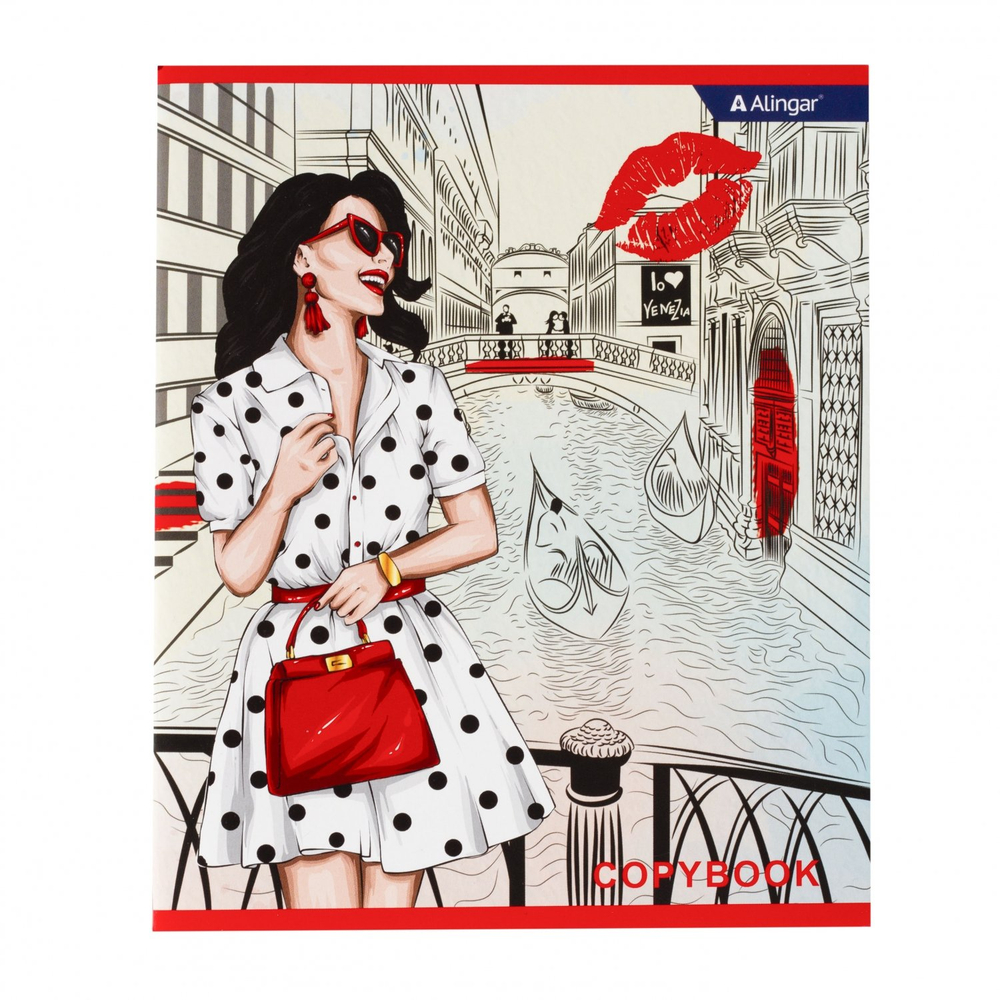 Тетрадь 48л., А5, клетка, Alingar "Girls in the city", скрепка, мелованный картон (стандарт), выб УФ лак, блок офсет, 4 дизайна в пленке т/у