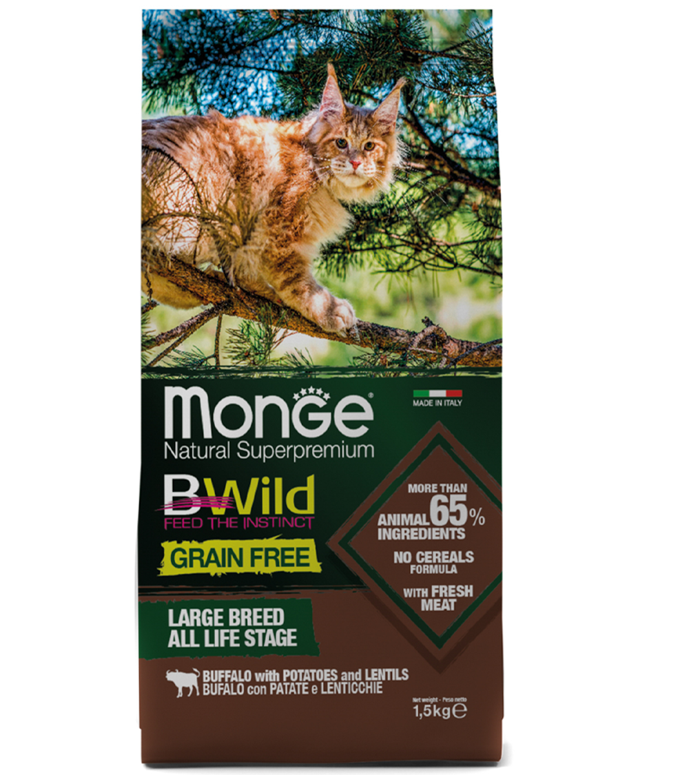 Монж BWild Cat Беззерновой для крупных кошек с мясом буйвола 1,5кг.