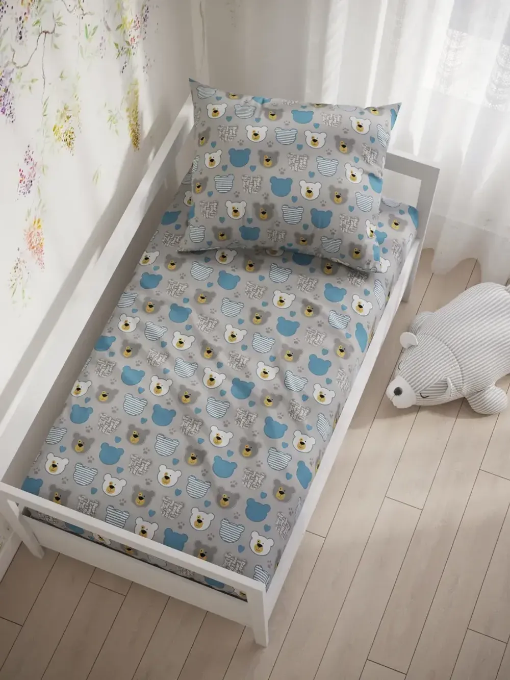 Простынь на резинке бязь Сказка "Мишки пэчворк" 90x200 см