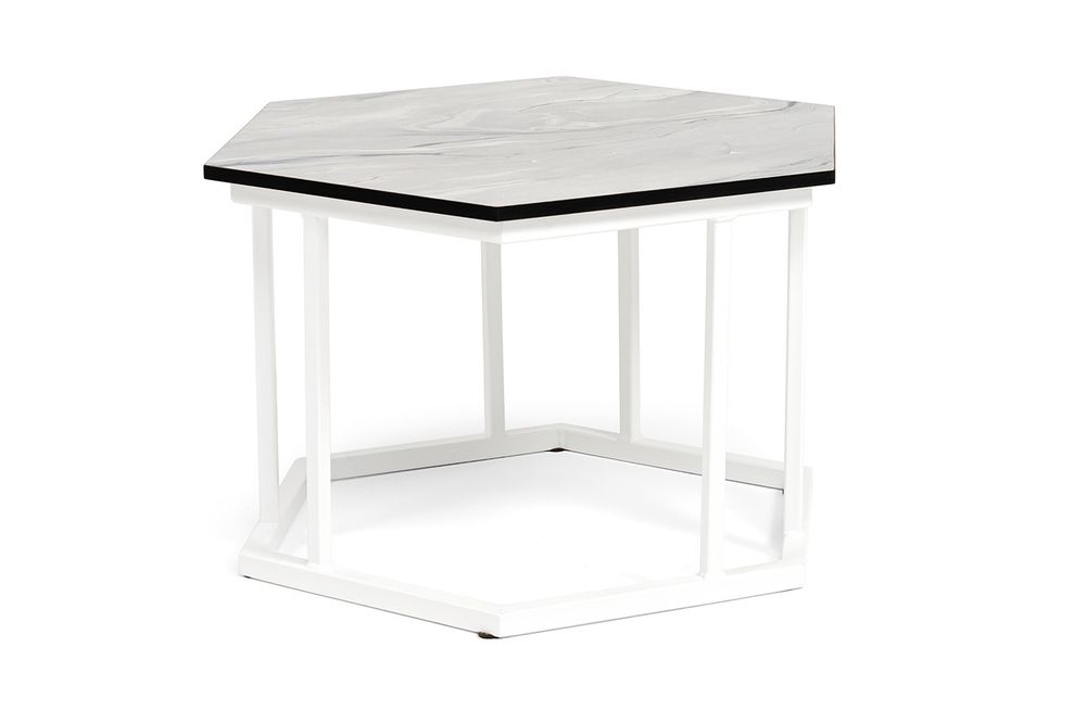 "Женева" интерьерный стол из HPL шестиугольный, D50, H35, цвет "мрамор пепел", каркас из стали белый муар