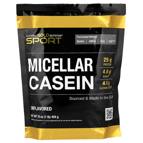California Gold Nutrition, Sport, мицеллярный казеин, без добавок, медленное усвоение, 454 г (16 унций)