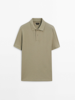 Massimo Dutti Поло из рельефного хлопкового пике, хаки с эффектом потертости