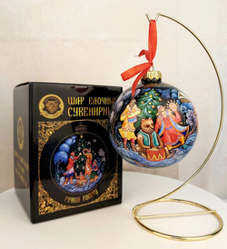 Шар новогодний с круговой росписью  Палех  "Зимние гуляния" в коробке