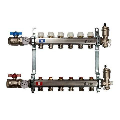 Коллекторная группа для радиаторного отопления STOUT SMS0912 - 1" на 6 контуров 3/4"EK (нерж.сталь)