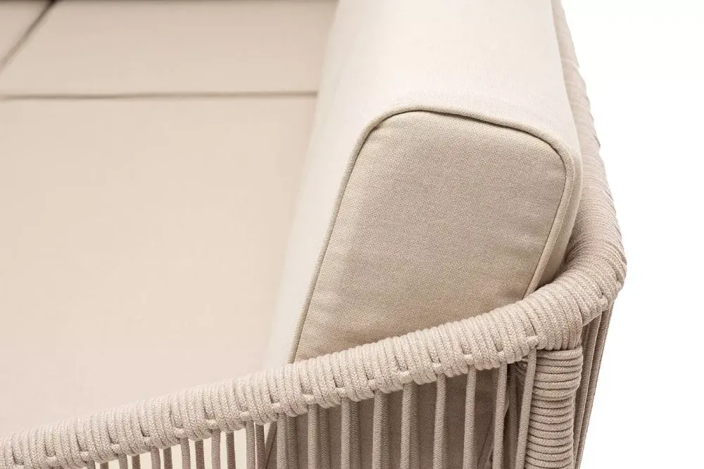 "Канны" диван модульный плетеный из роупа, каркас алюминий белый, роуп бежевый круглый, ткань бежевая 15052