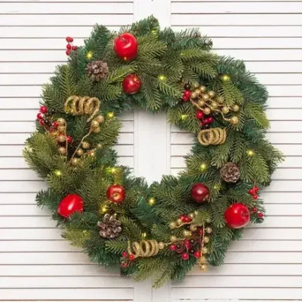 Рождественский венок Богемия с декором 60 см., 30 теплых-белых Led ламп, Литая хвоя+ПВХ, ЕлкиТорг (52034)