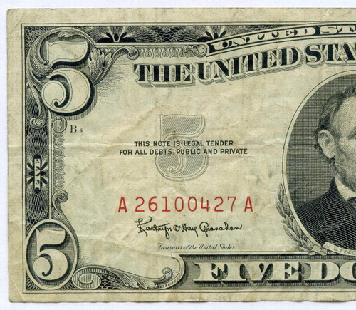 Банкнота США 5 долларов 1963 A 26100427 A. F-VF (красная печать)