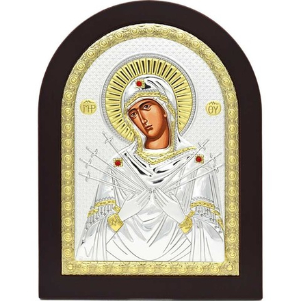 Семистрельная икона Божьей Матери в серебряном окладе.