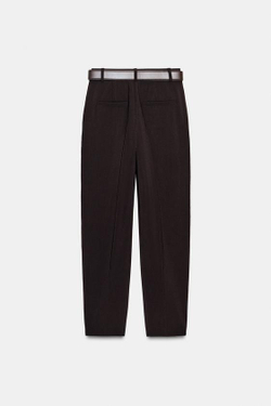 ZARA БРЮКИ С ЗАЩИПАМИ И РЕМНЕМ, ТЕМНО-КОРИЧНЕВЫЙ