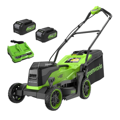 Газонокосилка аккумуляторная Greenworks GD24X2LM361, 2х24V, 36 см, бесщеточная, c 2хАКБ 4Ач и двойное ЗУ (2520707UD)