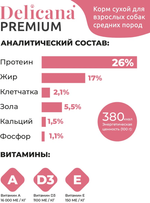 Cухой полнорационный корм для взрослых собак средних пород говядина с овощами Delicana 15кг