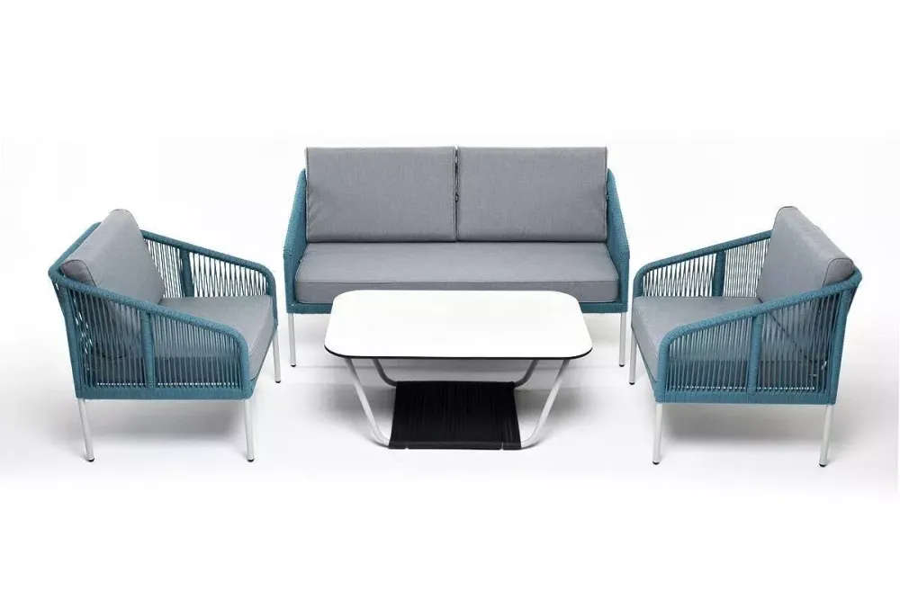 "Канны" лаунж-зона 4-местная из роупа со столом "Гранада" (молочный), каркас алюминиевый светло-серый, роуп бирюзовый