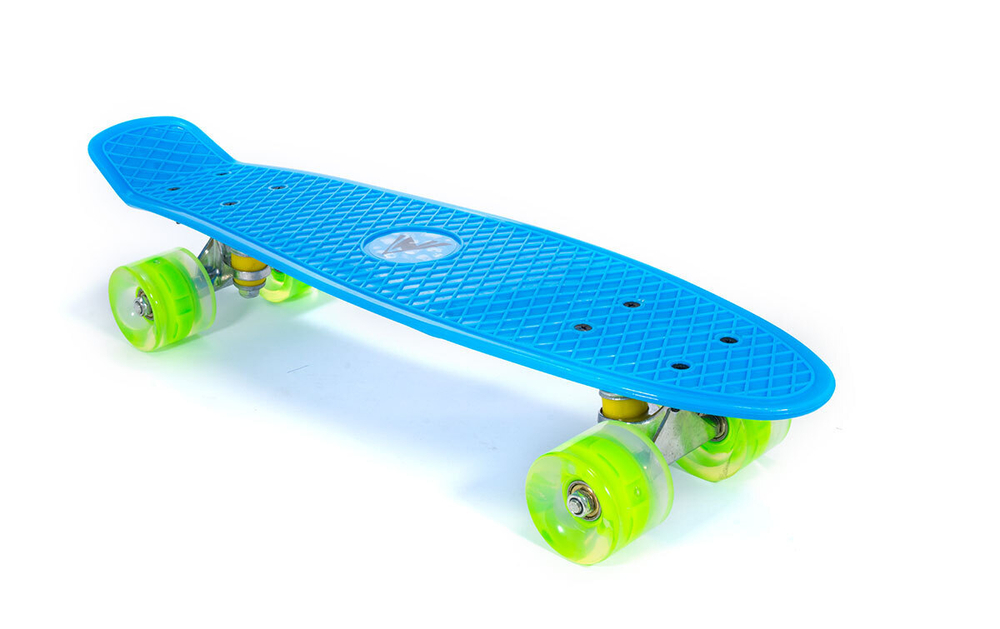 Скейтборд TRIX мини 22" 56 см , пластик, подвеска-алюм., колеса светящиеся PU 45х60 мм зеленые, ABEC 7, голубой