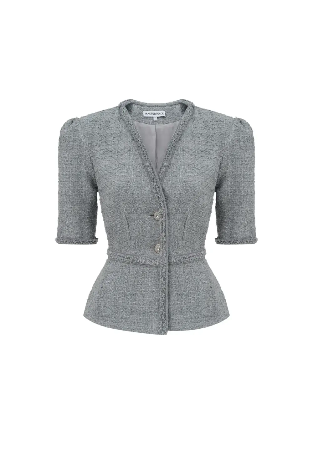 Жакет с объемными плечами и баской серый