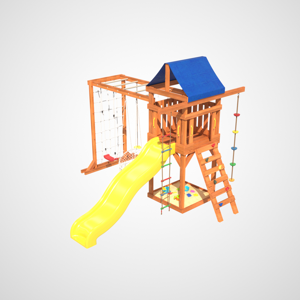 Детская площадка Fun Land с модулем сетка-рукоход, подвесным креслом и качелями