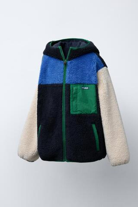 ZARA КУРТКА ИЗ ИСКУССТВЕННОЙ ОВЧИНЫ С КАПЮШОНОМ И ЦВЕТОВЫМИ БЛОКАМИ, РАЗНОЦВЕТНЫЙ