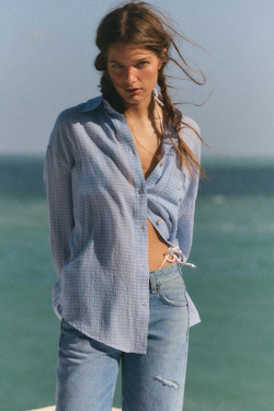 ZARA РУБАШКА ОВЕРСАЙЗ С КАРМАНОМ, ЭКРЮ/СИНИЙ