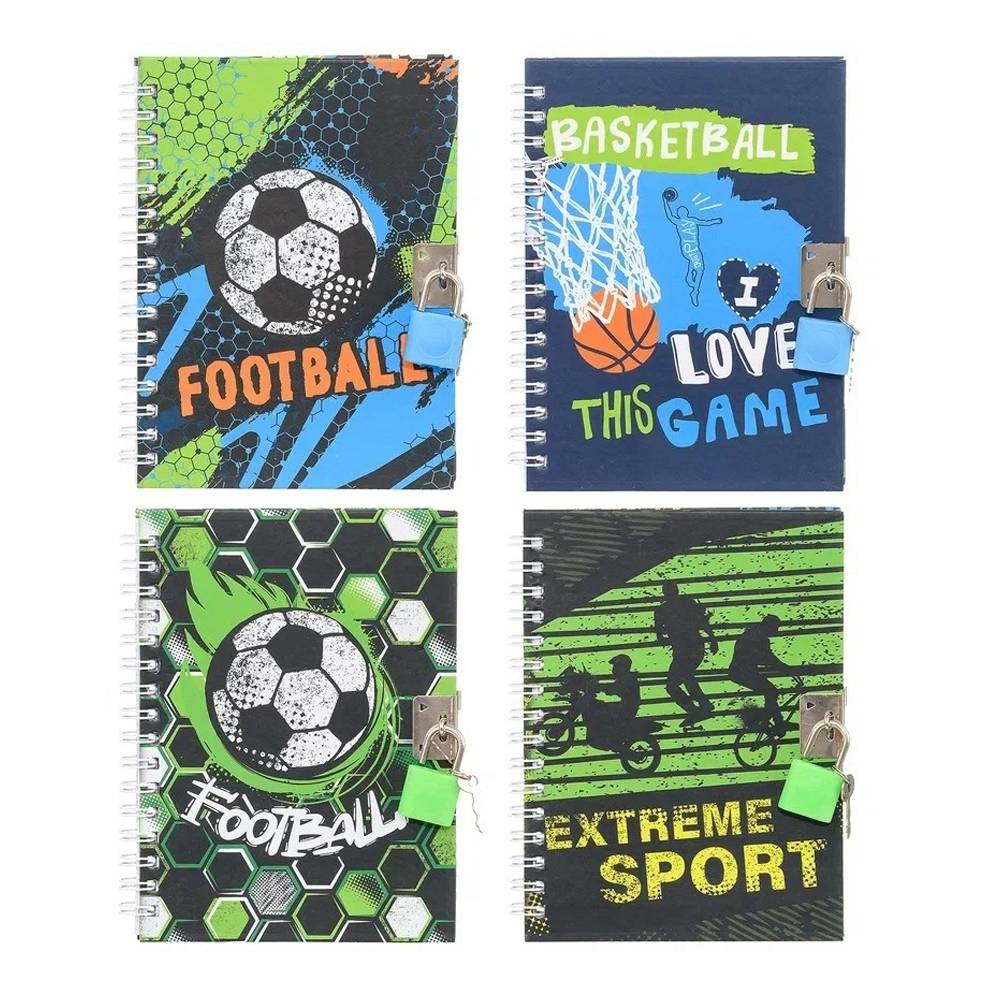 Блокнот детский Basir на замке, формат А6, серия "Спорт", переплет 7БЦ, 18*13.5 см, 48 листов, ассорти