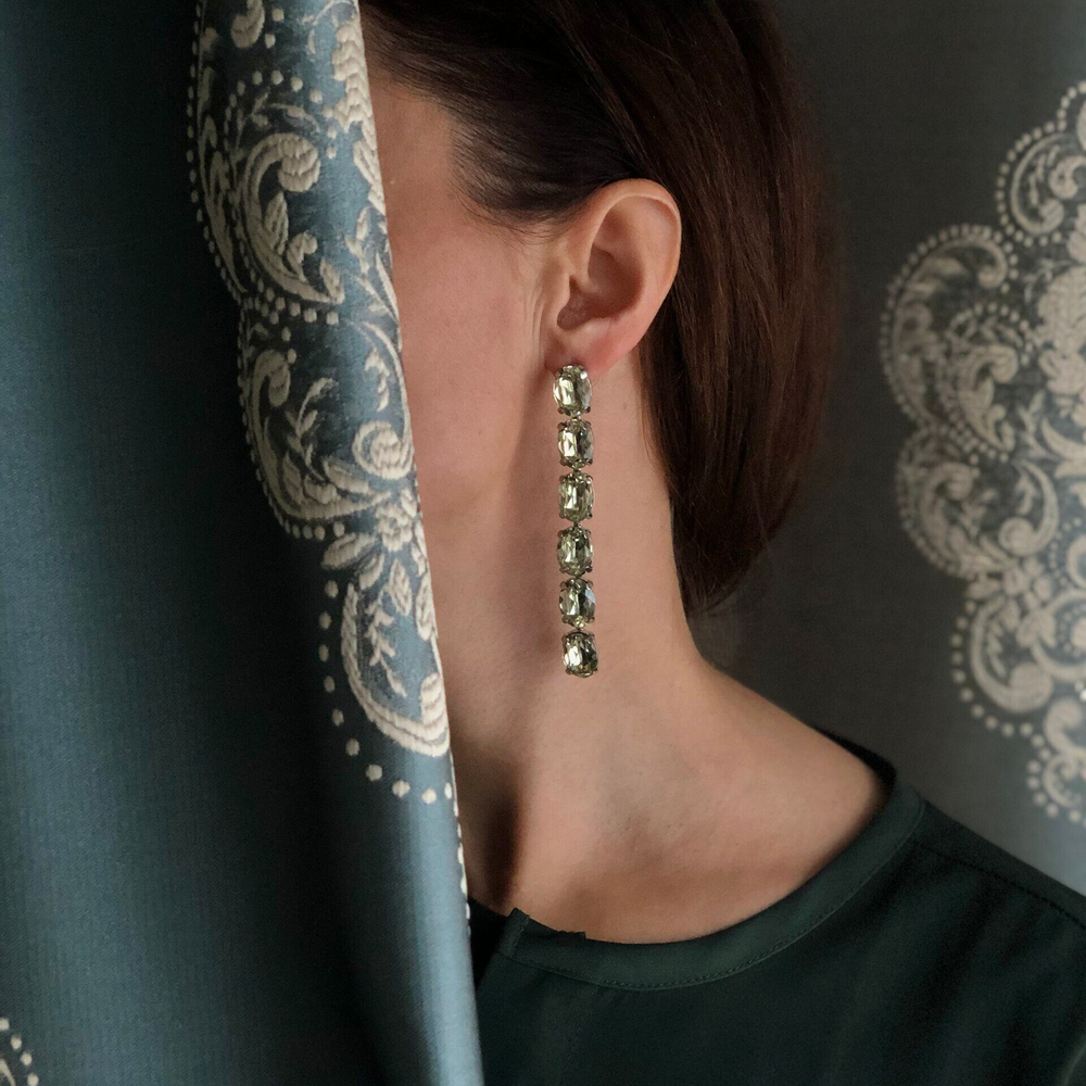 Серьги длинные дорожки из салатово-желтых кристаллов, Италия