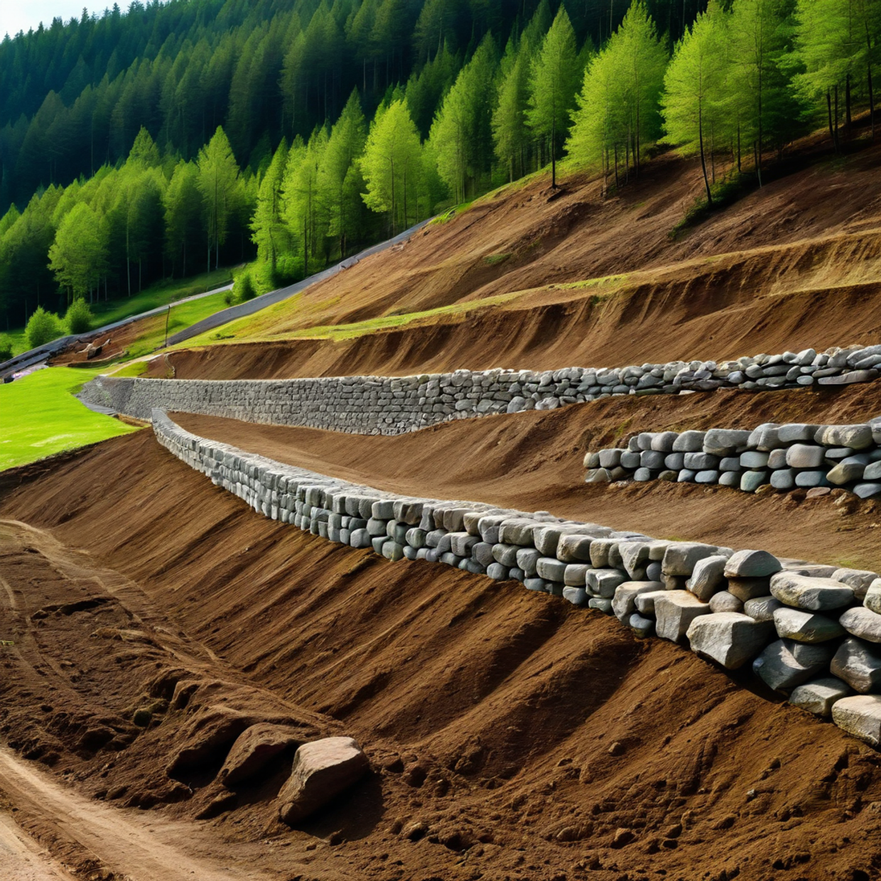 Укрепление склонов на участке: геосетки и габионы.