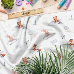 Ткань футер 2-х нитка зверьки на бумажных самолётах