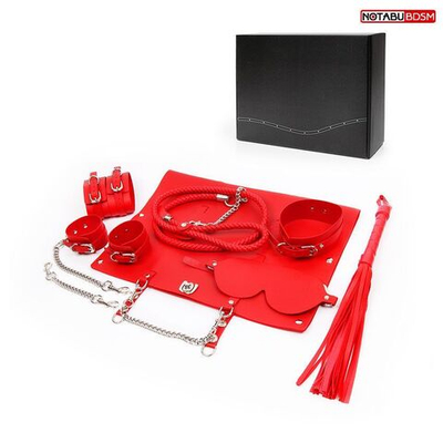 Красный набор БДСМ в сумке: маска, ошейник с поводком, наручники, оковы, плеть (Цвет: красный)