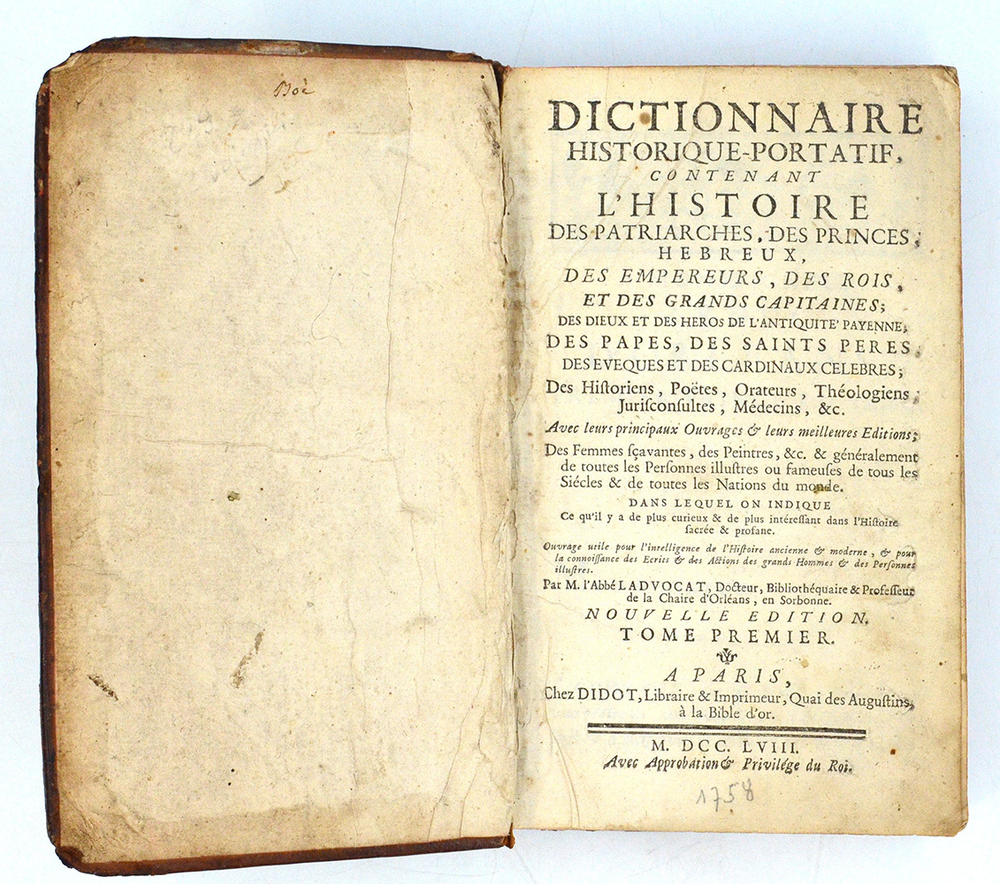 Ладвокат Ж. Б. Историко-Портативный Словарь. В 2 т. Т. 1-2. Париж, 1758. На французском языке.