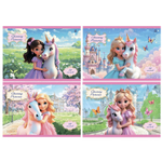 Альбом для рисования А4 12л., Alingar, на скрепке, мелованный картон (стандарт), 100 г/м2, "Принцесса с единорогом", 4 дизайна в пленке т/у