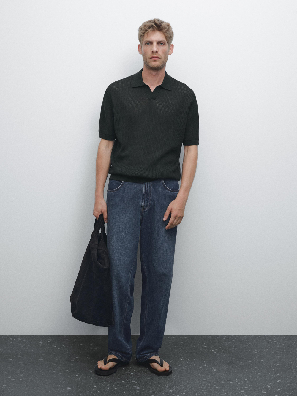 Massimo Dutti Поло с V-образным вырезом и ажурной отделкой, темно-синий