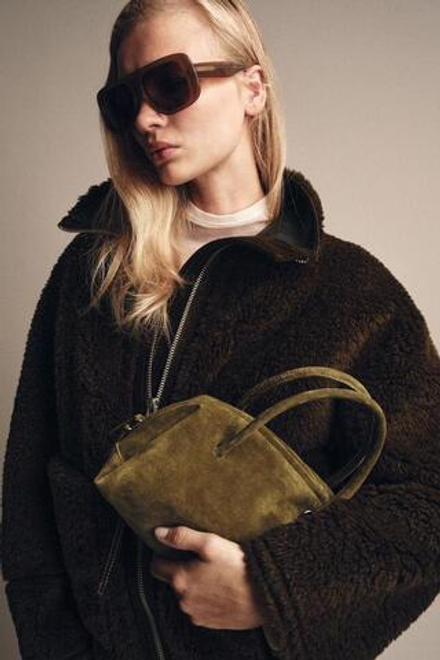 ZARA СУМКА-БОУЛИНГ ИЗ СПИЛКА, ЗЕЛЕНЫЙ ХАКИ