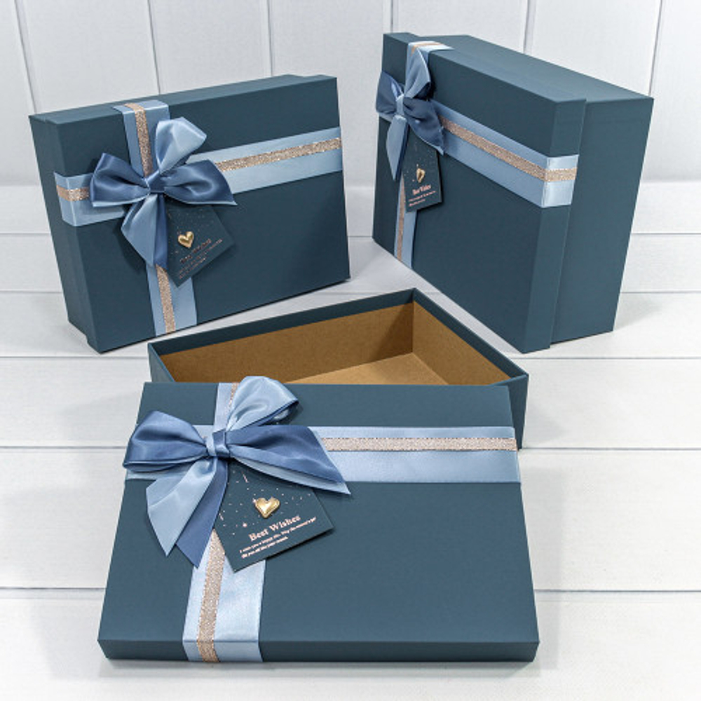 Коробка 29х21х9.5 см Набор 3 шт с двойным бантом и сердечком (Синий)