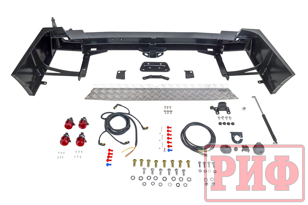 Бампер силовой задний Toyota Land Cruiser 100 с квадратом под фаркоп, калиткой, фонарями, подсветкой номера РИФ