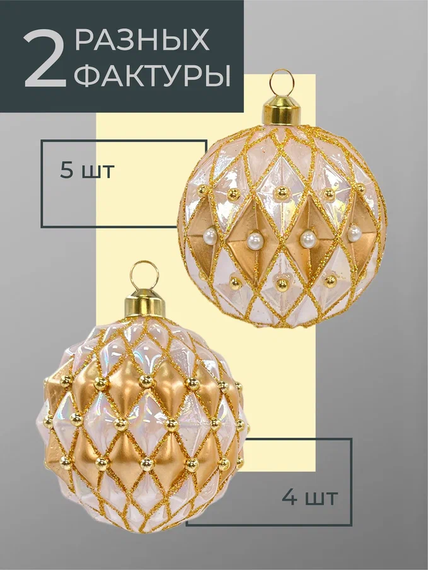 Набор винтажных стеклянных шаров Жемчужное ожерелье 80 мм., пудрово-золотой, 9 шт., Christmas DeLuxe (13991)