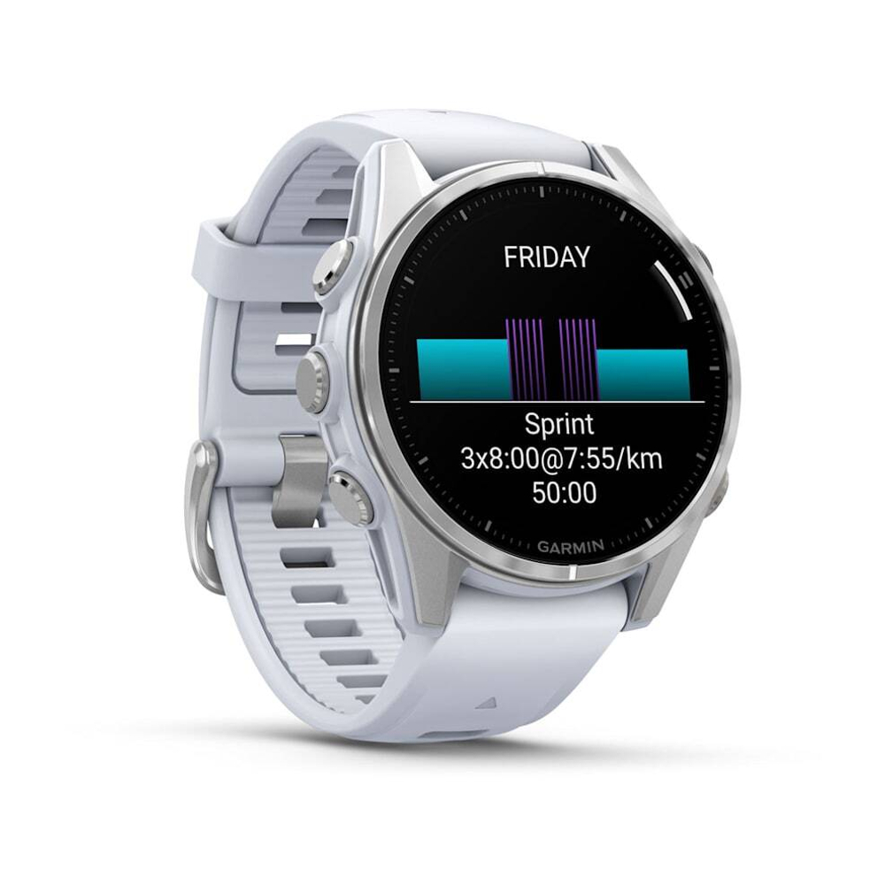 Смарт-часы Garmin Fenix 8 - 43 мм, AMOLED серебристый корпус, белый ремешок