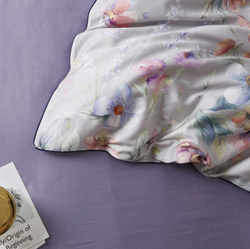 Постельное белье ЕВРО (двуспалка) Египедский Хлопок Цветы на сером сиреневом