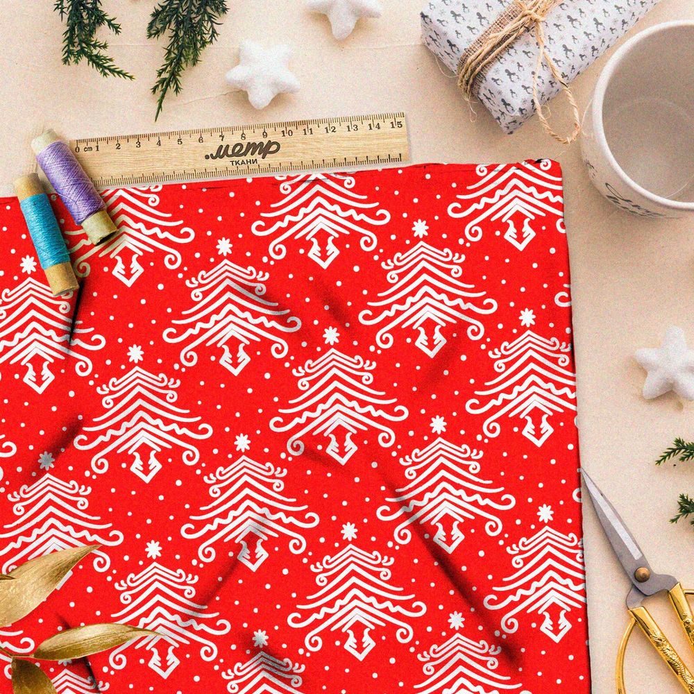 Ткань бифлекс отзеркаленные белые ёлки на красном фоне