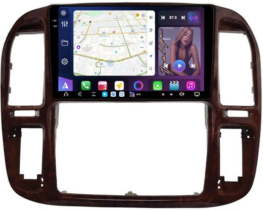Магнитола для Toyota Land Cruiser 100, Lexus LX470 1998-2002 (кондиционер или климат внизу, рамка дерево) - FarCar XXL9-9608F3 монитор 9.5" 2K QLED на Android 14, TS20, 8+256Гб, CarPlay, 4G SIM-слот