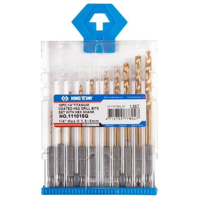 KING TONY (11101SQ) Набор сверл по металлу HSS Tin 1,5-5,5 мм, с шестигранным хвостовиком, 10 предметов