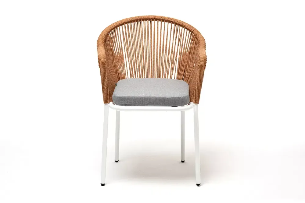 "Лион" стул плетеный из роупа, каркас из стали светло-серый (RAL7035) муар, роуп оранжевый меланж круглый, ткань светло-серая