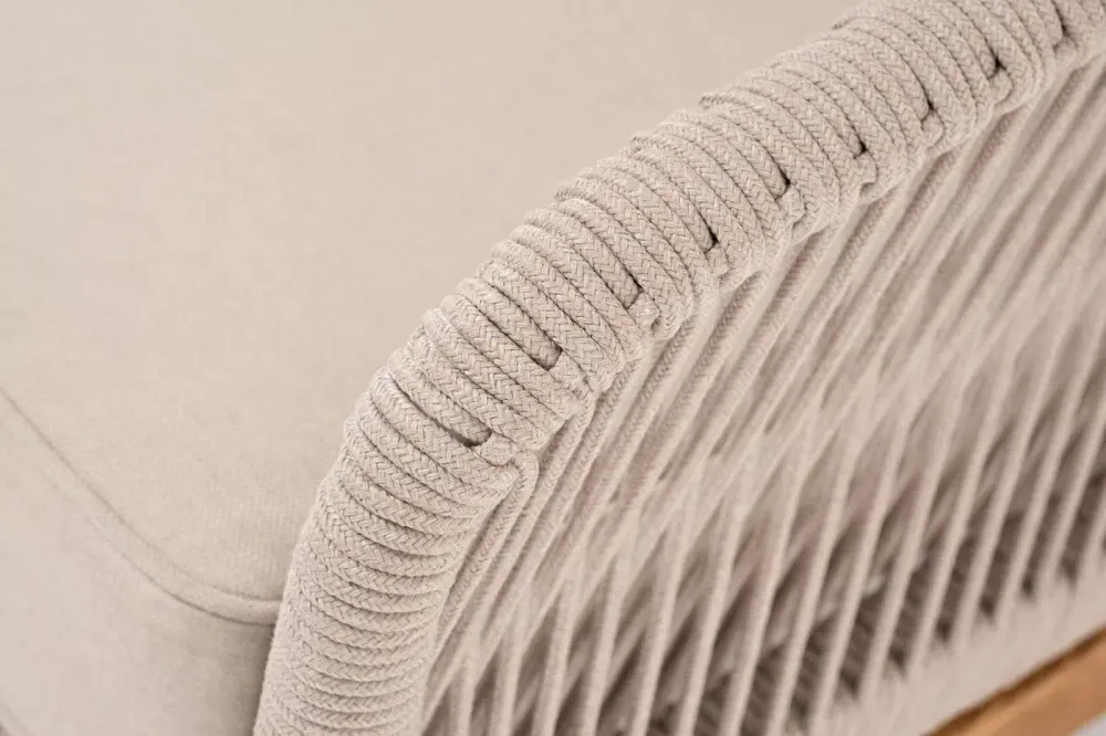 "Канны" левый модуль плетеный из роупа, основание дуб, роуп бежевый круглый, ткань бежевая 052