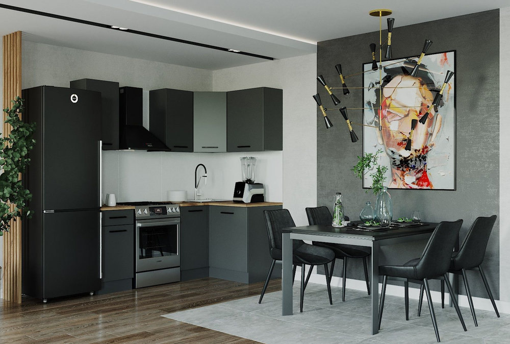 Кухонный гарнитур угловой Антрацит (графит) 2000 1200 мм столешница 26 мм, ЛДСП, с нишей под отдельно стоящую плиту, компактная кухня для студии, дачи и малогабаритной квартиры