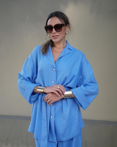 Брюки Monika linen лен, резинка, без карманов, легкий клеш, голубой