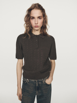 Massimo Dutti Футболка-поло из трикотажного трикотажа с короткими рукавами, шоколадно-коричневый