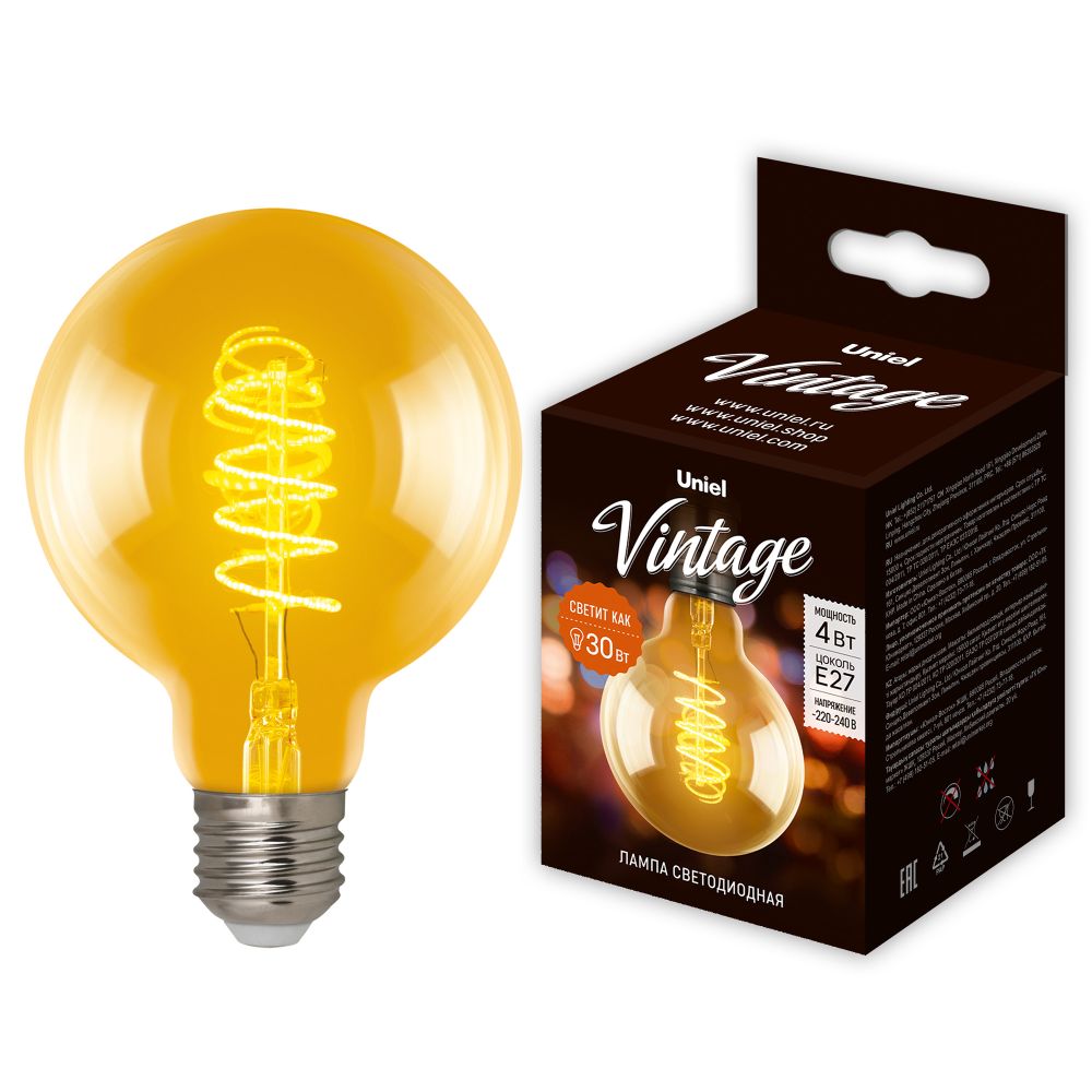 LED-G95-4W-GOLDEN-E27-CW GLV21GO Лампа светодиодная Vintage. Форма шар. золотистая колба. Cпиральная нить. Картон. ТМ Uniel