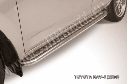 Пороги из нержавейки Toyota Rav-4 (2005-2010) d57 с алюминиевым листом (черный цвет)