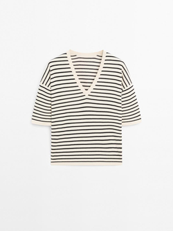 Massimo Dutti Свитер в полоску с V-образным вырезом, темно-синий