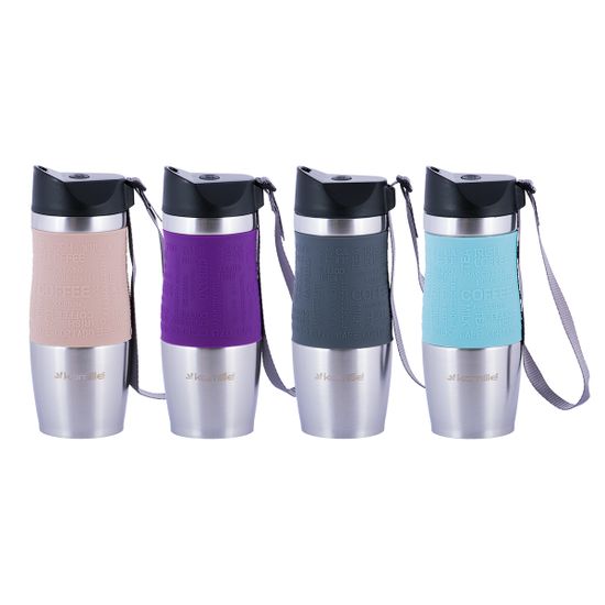 Термокружка 380 мл. из нержавеющей стали Kamille KM-2052 с TPR-вставкой и ремешком