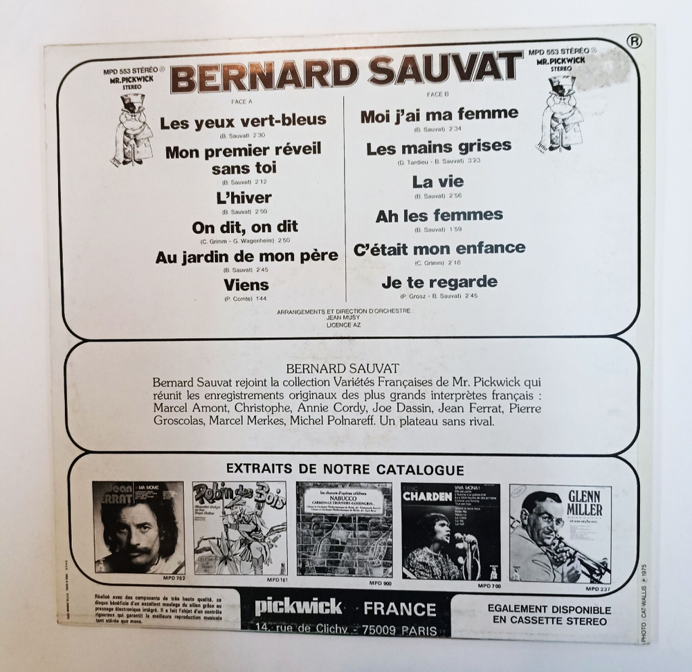 Винтажная виниловая пластинка LP Bernard Sauvat Les Yeux Vert Bleus (France 1973)
