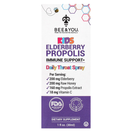 Bee & You, Детский ежедневный спрей для горла с прополисом из бузины, 30 мл (1 жидк. Унция)